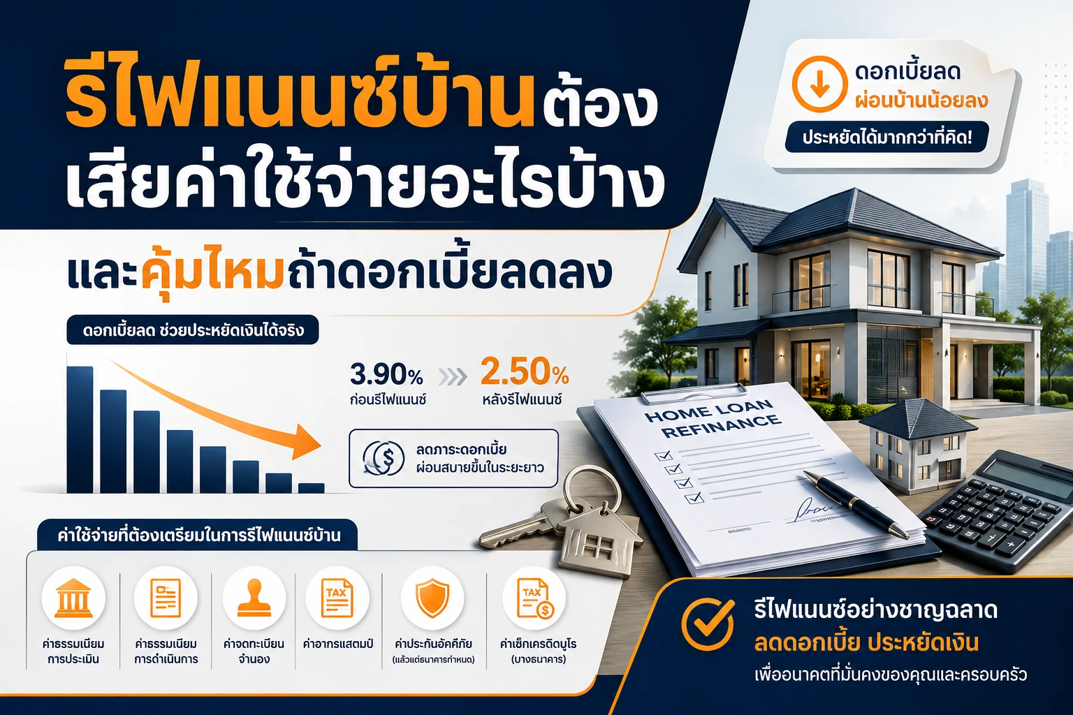 รีไฟแนนซ์บ้านต้องเสียค่าใช้จ่ายอะไรบ้าง และคุ้มไหมถ้าดอกเบี้ยลดลง